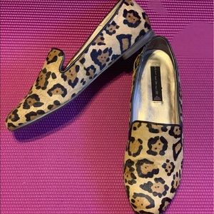Leopard print calf hair smoking slippers